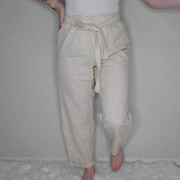 PrettyLittleThing Cream Cotton Pants with Elastic Waist and Tie Belt Size US 6 - Picture 1 of 12